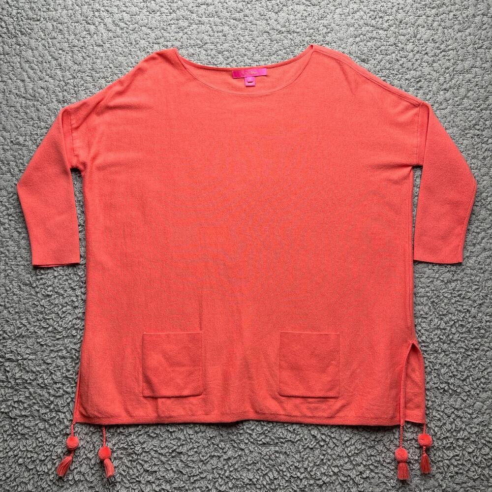 Lilly Pulitzer Batwing Pullover Womens Small Pom Pom Pink Doleman Pockets Fun